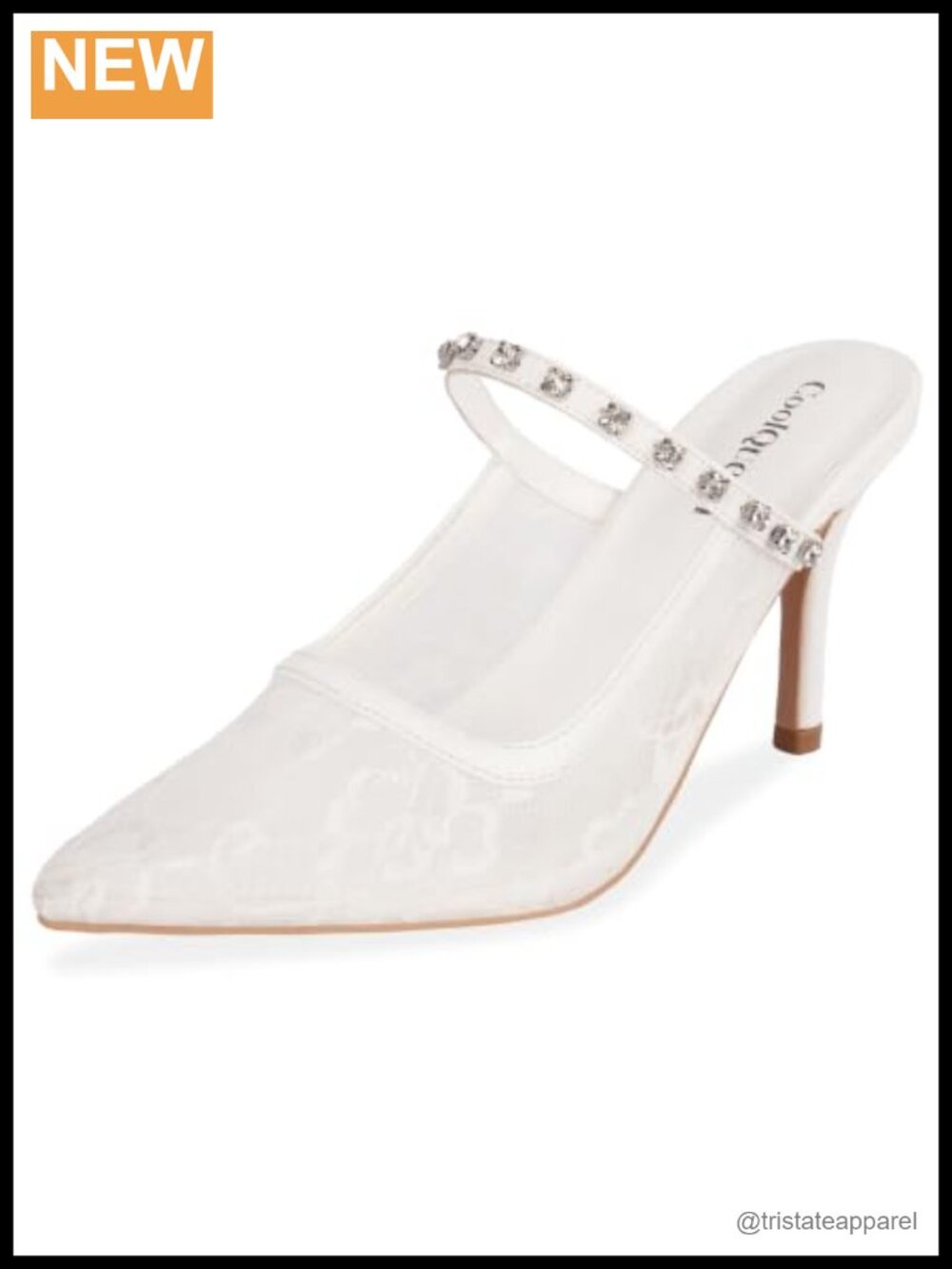 Womens Lace Rhinestone Mule Heels Pointed Toe 3.35 Inch Stiletto Dress Pumps